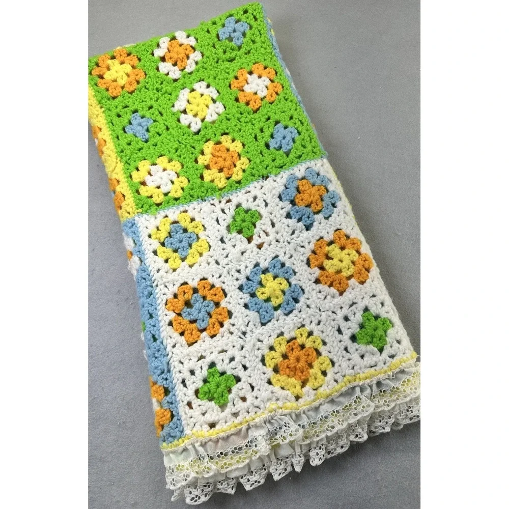 Handmade Crochet Knit Flower Blanket Eyelet Yellow Blue Green Afghan Baby 28x40